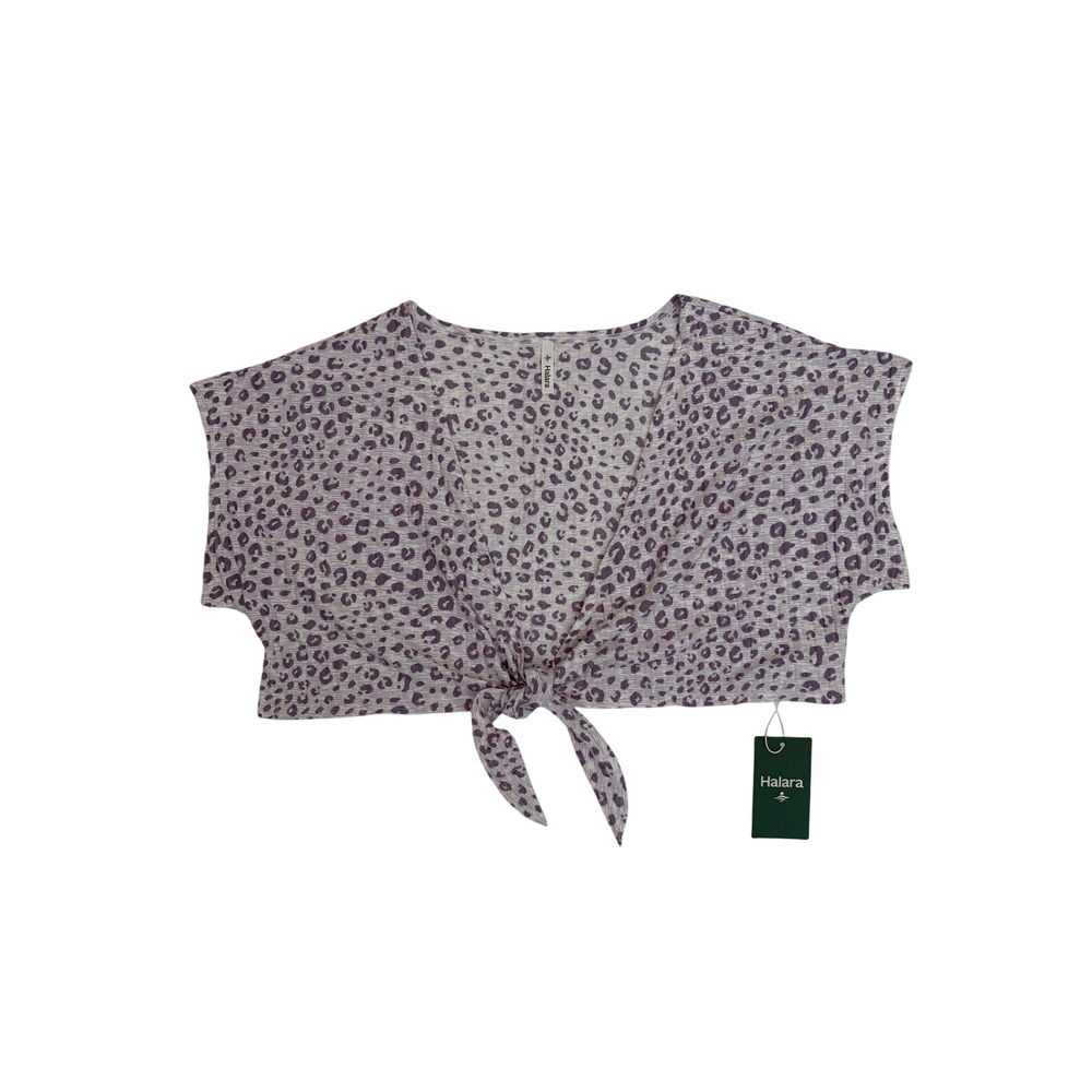 Halara Purple Leopard Print Tie Front Crop Top Womens Large NWT Short Sleeve